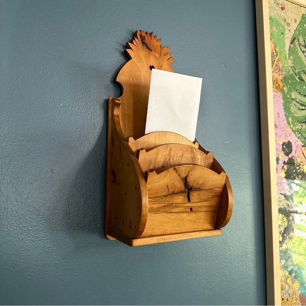 Vintage Handcrafted Natural Finish Wood Mail Sorter Recipe Card Wall Hanger
